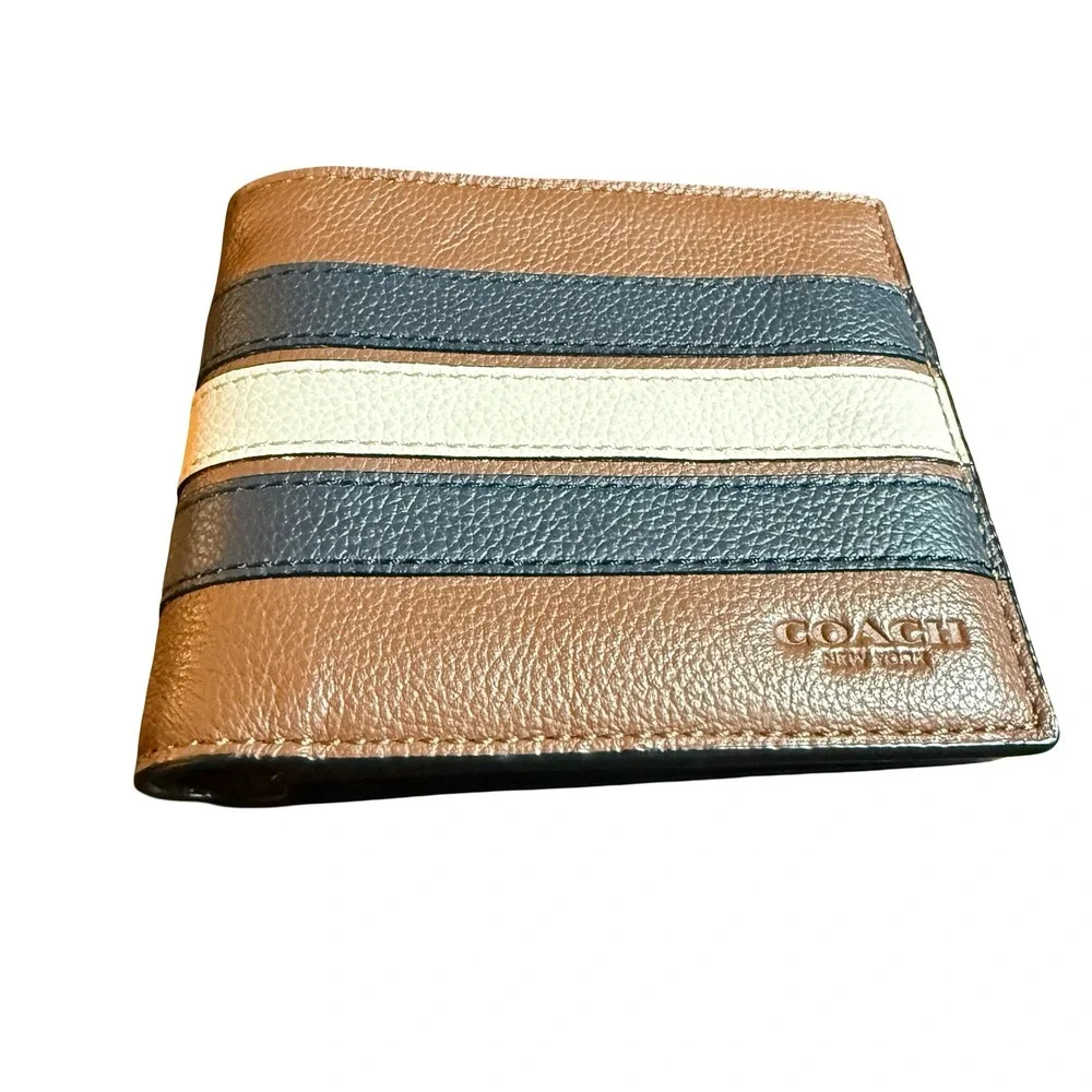 Coach Bifold Wallet Mens Brown Varsity Stripe Pebbled Leather F24649
